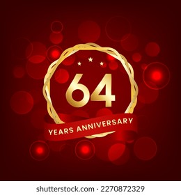 64 years anniversary. Anniversary template design with gold number and red ribbon, design for event, invitation card, greeting card, banner, poster, flyer, book cover and print. Vector Eps10