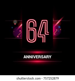 64 Years Anniversary vector logo design using neon style with flare ornament isolated on dark background