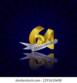 64 years anniversary Vector Template Design with golden color and silver ribbon isolated on blue sunburst background illustration for celebration event - Vector
