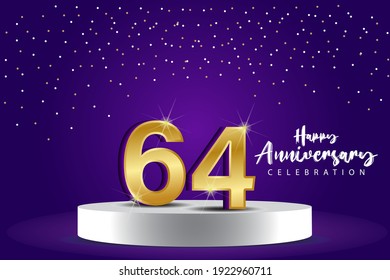 64 Jahre alte Vektor Template Design Illustration. Blaue 3D-Zahlen mit Podium-Bühne zum Feiern