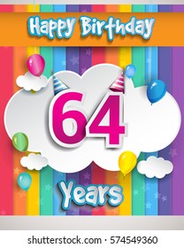 64 Years Birthday Celebration, with balloons and clouds, Colorful Vector design for invitation card and birthday party.