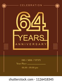 64 years golden anniversary design line style with square golden color for anniversary celebration event.