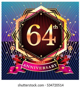 64 years golden anniversary logo celebration with ring and ribbon.