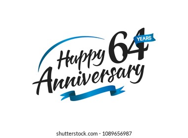 64 years happy anniversary celebration with blue swoosh and blue ribbon isolated on white background 