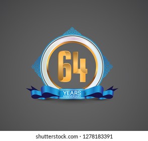 64 years logotype anniversary design with white ring, blue ornament and ribbon for use celebration event of your company, party, wedding and precious moment