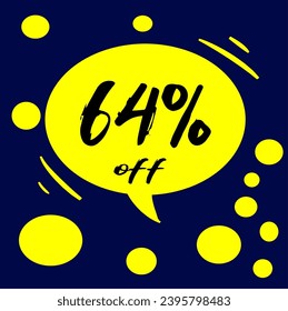 64% yellow discount hall with polka dots on blue background, percentage and promotion