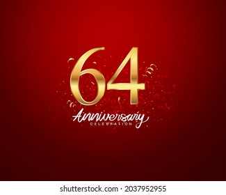 Antecedentes del 64º aniversario con número 3D ilustración números dorados y texto de celebración del aniversario con confeti dorado sobre fondo rojo.