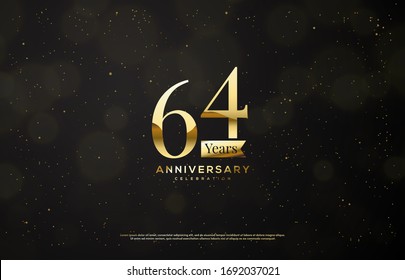 64th anniversary background with an illustration of golden numbers on a black background and a blur circle.