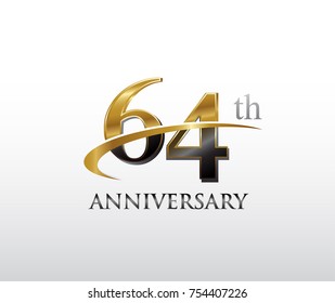 64th anniversary black and golden swoosh. simple logo vector design for greeting card and invitation card