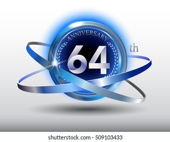 64th anniversary with blue ring and laurel on white background