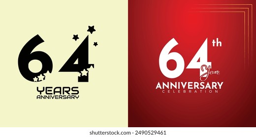 64th Anniversary celebration, 64 Anniversary celebration, Realistic 3d sign, stars, festive illustration, red background with Pink number 64 sparkling confetti, 64,65 
