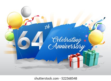 64th anniversary celebration with colorful confetti and balloon on blue background with shiny elements. design template for your birthday party.