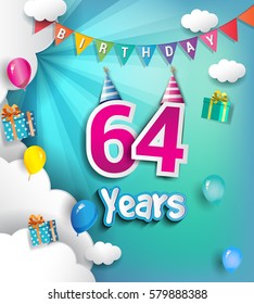 64th Anniversary Celebration Design, with clouds and balloons. using Paper Art Design Style, Vector template elements for your, sixty four years birthday celebration party.