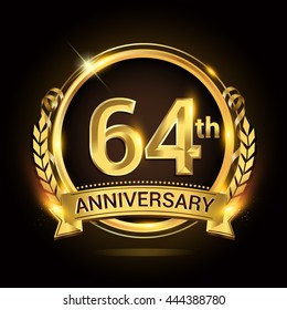64th anniversary celebration logo with golden ring and ribbon, laurel wreath vector design.