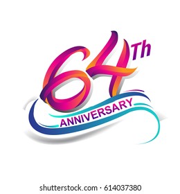 64th anniversary celebration logotype blue and red colored. sixty four years birthday logo on white background.