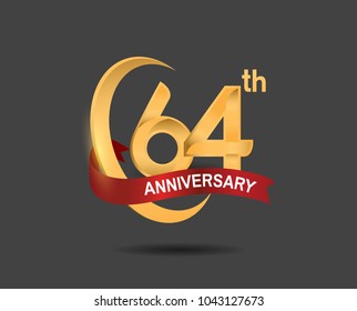64th anniversary design logotype golden color with ring and red ribbon for celebration