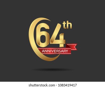 64th anniversary design logotype golden color with swoosh ring and red ribbon for celebration isolated on dark background