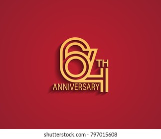 64th anniversary design logotype with line style golden color for celebration event isolated on red background