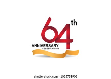 64th anniversary design logotype red color and golden ribbon for celebration isolated on white background