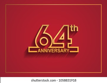 64th anniversary design with simple line style golden color isolated on red background for celebration event