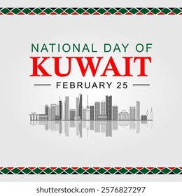 64th Anniversary of Kuwait National Day – February 25, 2025. Featuring a city skyline. Celebrate Kuwait's National Day with this elegant vector illustration.