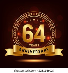 64th Anniversary Logo Design. Golden number 64 with sparkling confetti and ribbon, Vector Template Illustration