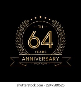 64th Anniversary logo design with laurel wreath for celebration event, invitation, banner, poster, flyer, greeting card. Line Art Design, Logo Vector Illustration
