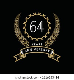 64th anniversary logo with gold and white frame and color. on black background