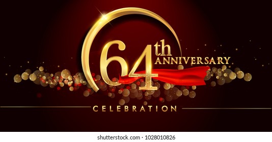 64th anniversary logo with golden ring, confetti and red ribbon isolated on elegant black background, sparkle, vector design for greeting card and invitation card