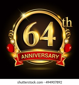 64th anniversary logo with golden ring,balloons and red ribbon. Vector design template elements for your birthday celebration.