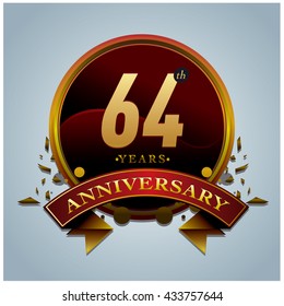 64th anniversary logo with red ribbon and gold. Anniversary signs illustration. gold anniversary logo with red ribbon and circle ring