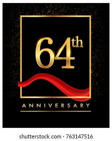 64th anniversary logo with red ribbon  and confetti golden colored isolated on elegant background, vector design for greeting card and invitation card