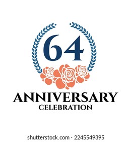 64th anniversary logo with rose and laurel wreath, vector template for birthday celebration.