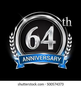 64th anniversary logo with silver ring combination blue ribbon. Vector template for birthday celebration, party, wedding, invitation and greeting card