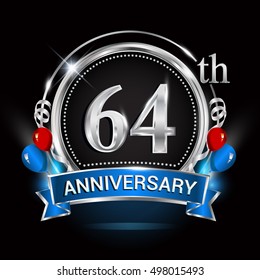 64th anniversary logo with silver ring,balloons and blue ribbon. Vector design template elements for your birthday celebration.