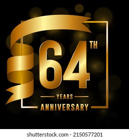 64th Anniversary logotype. Anniversary celebration template design with golden ribbon for booklet, leaflet, magazine, brochure poster, banner, web, invitation or greeting card. Vector illustrations.