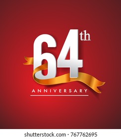 64th anniversary logotype with golden ribbon isolated on red elegance background, vector design for birthday celebration, greeting card and invitation card.