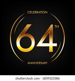 64th anniversary. Sixty-four years birthday celebration banner in bright golden color. Circular logo with elegant number design.