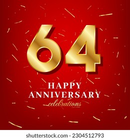 64th anniversary vector template with a golden number and golden confetti spread on a red background