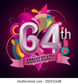 64Th anniversary wreath ribbon logo, geometric background