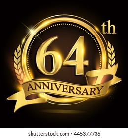 64th golden anniversary logo with ring and ribbon, laurel wreath vector design.