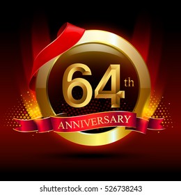 64th golden anniversary logo with ring and red ribbon. Vector design template elements for your birthday celebration.