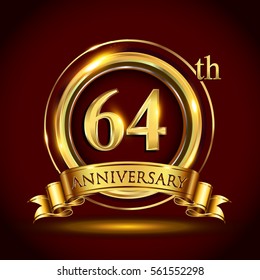 64th golden anniversary logo, sixty four years birthday celebration with gold ring and golden ribbon.
