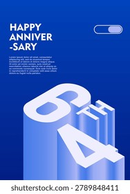 64th Modern anniversary poster template featuring a bold 3d isometric number on a vibrant blue background.