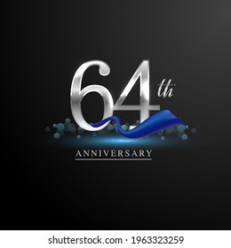 64th silver anniversary logo with blue ribbon isolated on elegant background, sparkle, vector design for greeting card and invitation card.