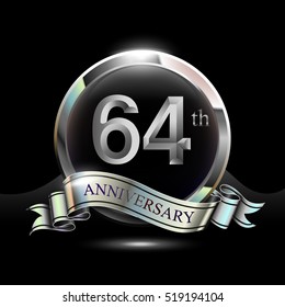 64th silver anniversary logo, vector celebration design with ring and ribbon.