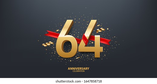 64th Year anniversary celebration background. 3D Golden number wrapped with red ribbon and confetti on black background.
