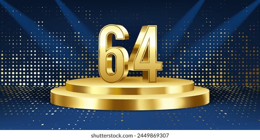 64th Year anniversary celebration background. Golden 3D numbers on a golden round podium, with lights in background.