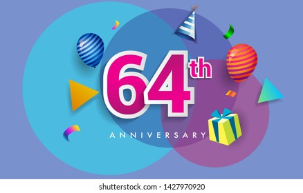 64th Years Anniversary Celebration Design, with gift box and balloons, ribbon, Colorful Vector template elements for your birthday celebrating party.