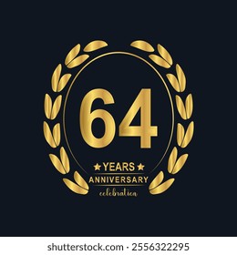 64th Years Anniversary celebration. Vector Template festive illustration Golden Color,. Birthday or wedding party event decoration.